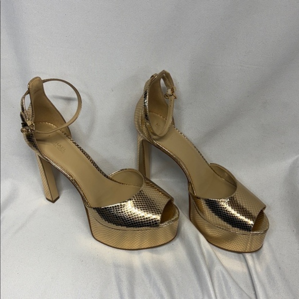 Michael Kors Martina peep toe leather Gold snakeskin Platform High Heels 9.5 - Picture 1 of 11